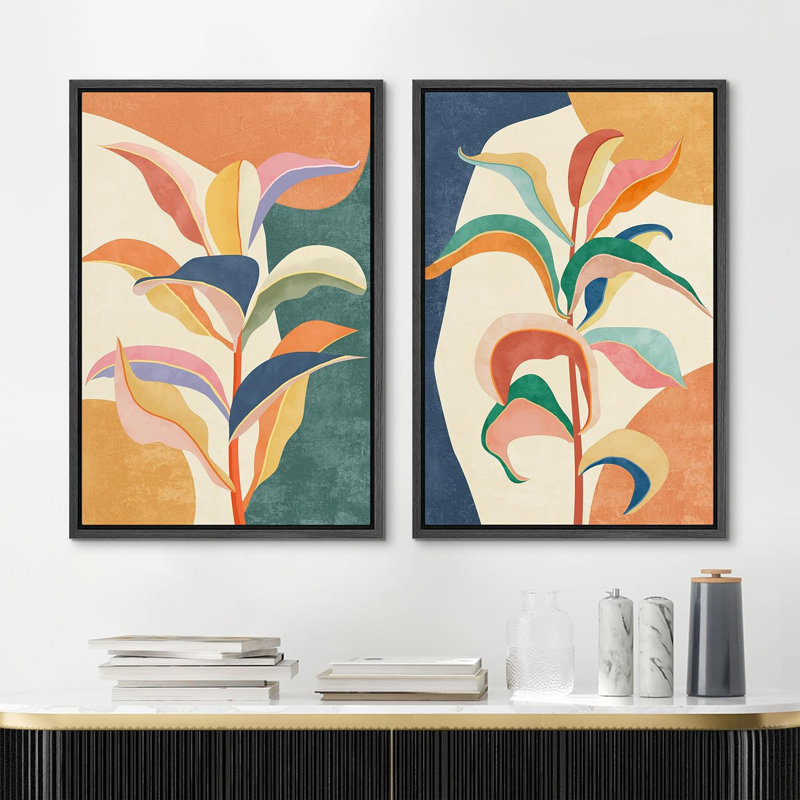 «Abstract Botanical Colorful Tropical Jungle Leaf Botanical», reproduction sur toile encadrée 2 pièces, Noir