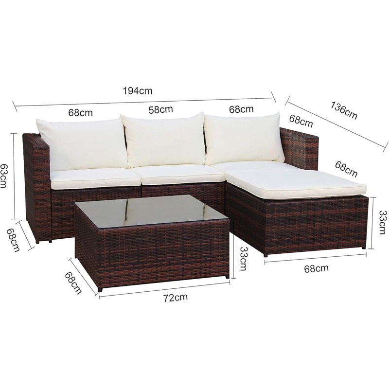 17 Stories Outdoor Rattan Garden Furniture Set Brown Robette Conservatory Patio Sofa coffee table, Cream, Brown