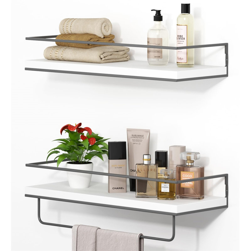 White and Gray Pine Wood Floating Shelves with Metal Towel Rack