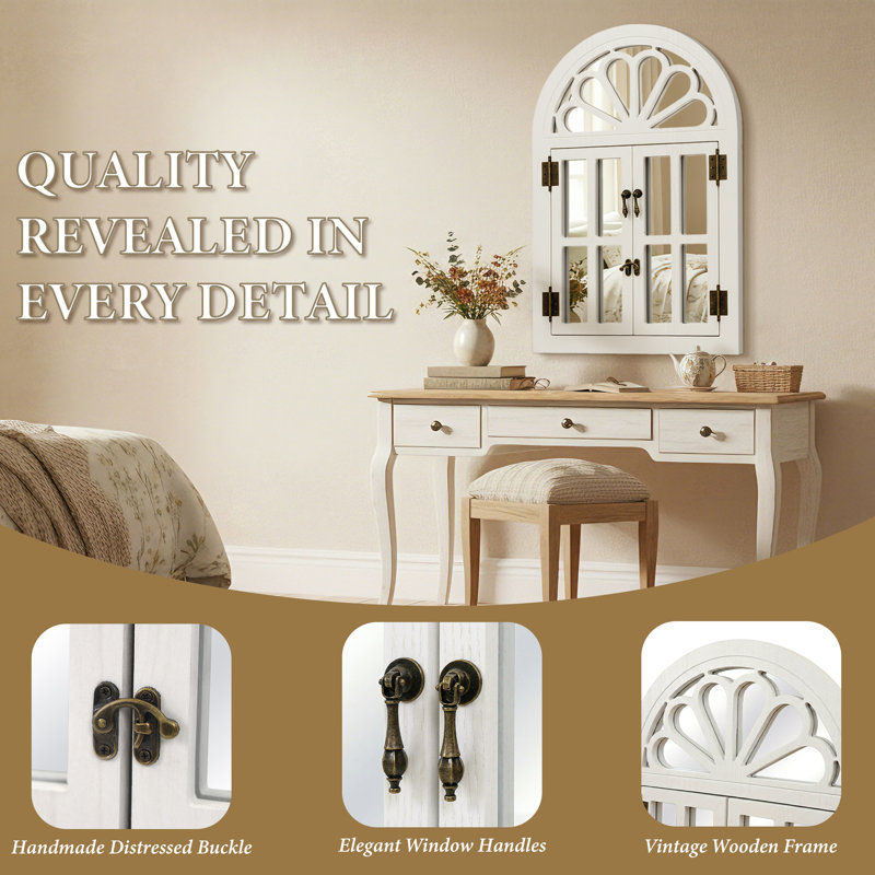 Arched Wooden Framed Wall Mirror With Opening Doors, Vintage Decorative Window Style Mirror, White, 36" x 24", Flower Top
