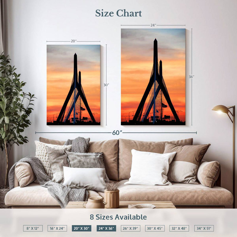 Lilie Zakim Bridge au coucher du soleil, H 36 po x l 24 po