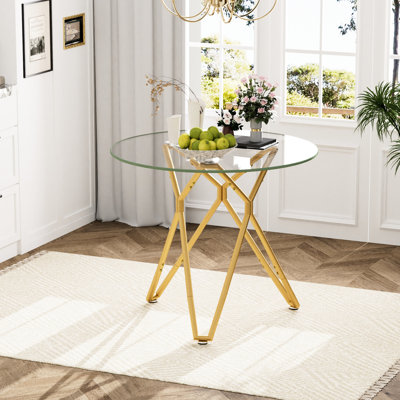 Gold, Tempered Glass Dining Table, 35.4 Inches In Diameter, Office Desk, Quick Assembly Process Wide, Living Room Use, Simple Wiping Clean