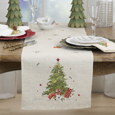 Chemin de table en mélange d'arbre de Noël brodé en lin