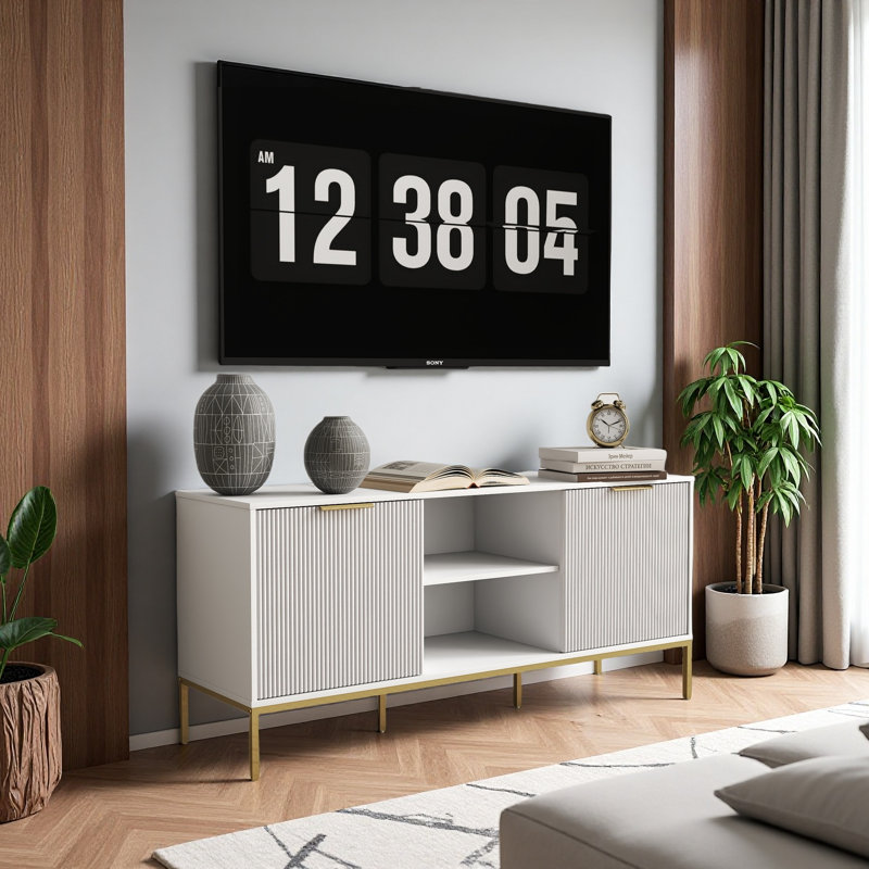 Modern Living Room Tv Stand For 60 - 69 Inches, Dual Wave Design Doors, Central Open Shelf Decor, Movable Shelf, White Cabinet With Gold Trim Inches Shaped Display Books And Devices, Adjustable