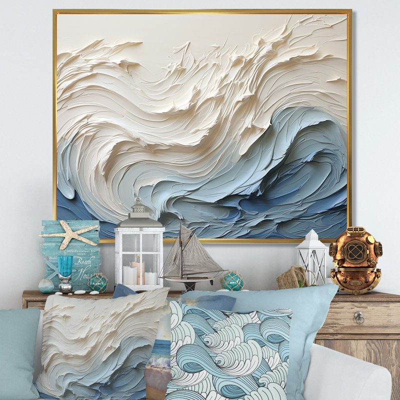 «White and Blue Wave Papercut Style - Coastal Waves», reproduction d'art sur toile (sans texture), H 16 po x l 32 po, Doré