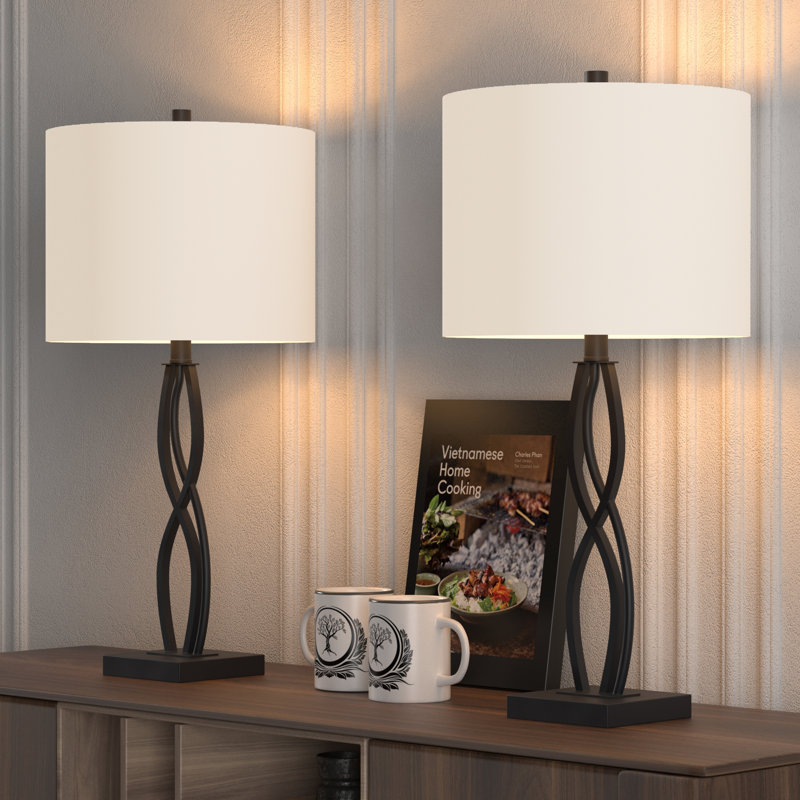 26" Black Metal Table Lamps with White Fabric Shades, Set of 2