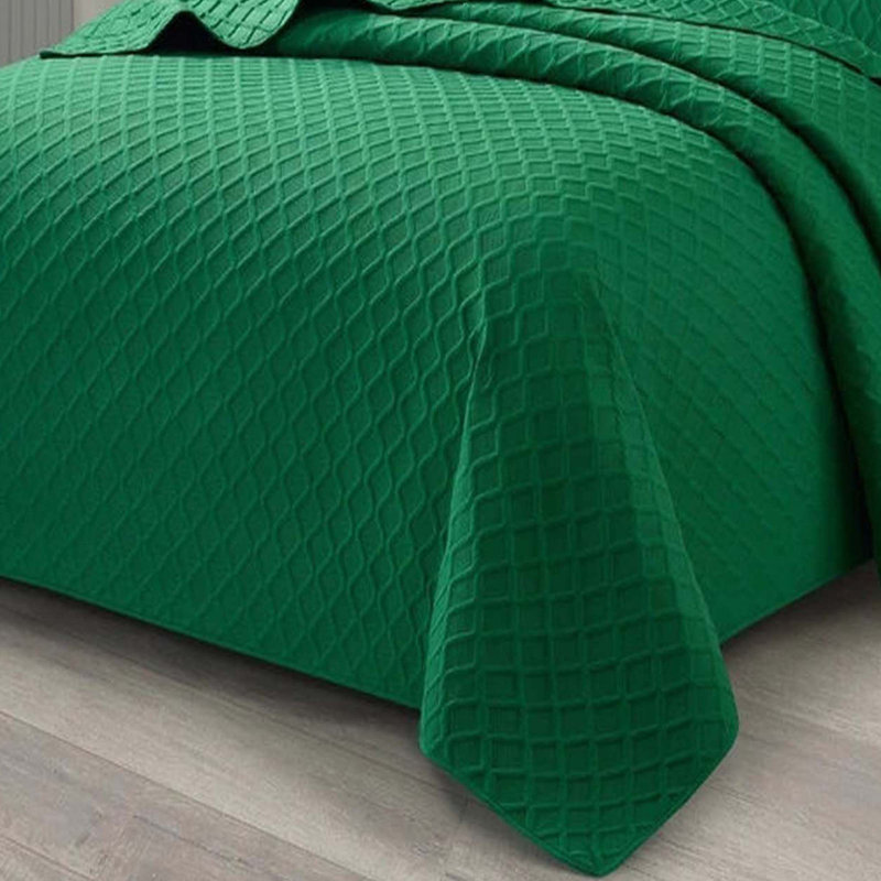Bedspread Diamond Check Embossed Set with Pillow Shams, Textured All-Season Comfort, Single, Double, King & Super King, Green