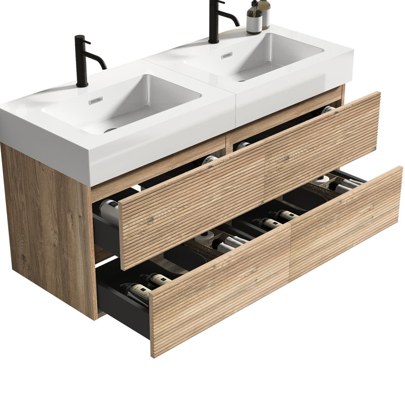Meuble-lavabo mural de 48 po de dimension Mid-Century, lavabo une pièce, poignée dissimulée, laque E0 pour meuble-lavabo résistant à l'eau avec lavabo à quartz blanc, tiroirs doubles flottants,