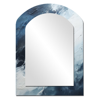 Minimalism Black And Blue Paint Wave I - Coastal Asymmetrical Large Wall Mirror, Blue Arch Decorative Mirror, Printed Metal Art