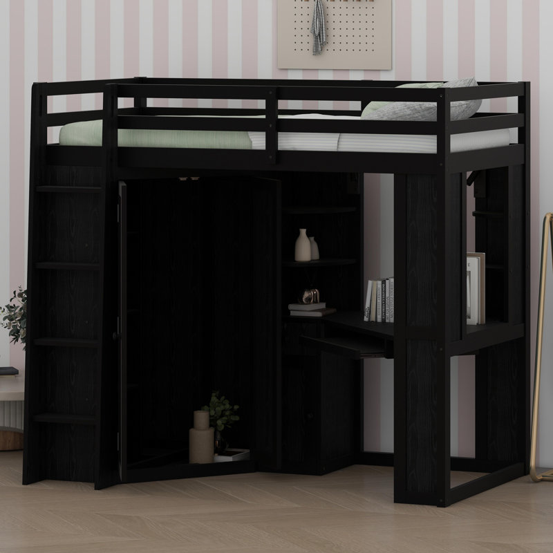 Space-Saving Elevated Bed System Featuring Large Closet, Workstation with Slide-out Keyboard Drawer, Device Charging Station, and Adjustable Metal Lighting