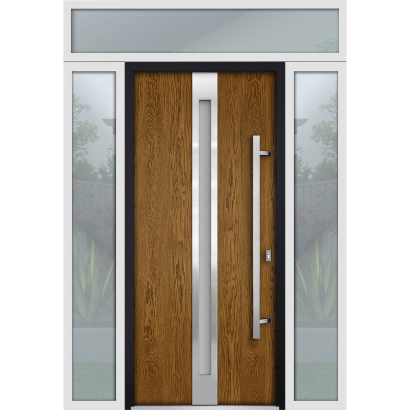 Porte d'entrée extérieure prémontée en acier Deux 1744 Chêne naturel, 2 fenêtres latérales et supérieures blanches, inserts en acier inoxydable, style moderne, peinte, L 16+36+16 x H 80+16, ouverture à gauche vers l'intérieur
