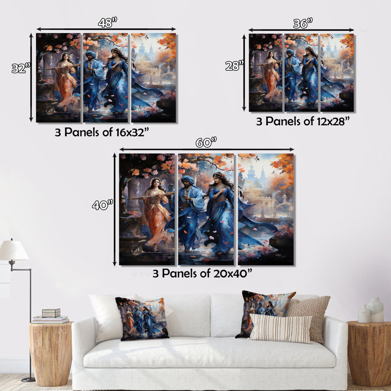 «Hinduisim Art Vrindavans Playful I» sur toile, reproduction de 3 pièces, H 28 po x l 36 po x P 1 po