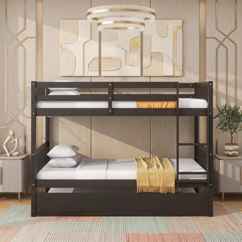 Lits simples superposés en bois d'hévéa avec lit gigogne, lits simples convertibles avec échelle et garde-corps