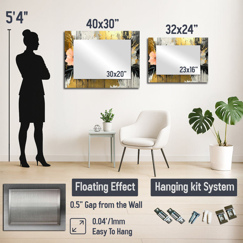 Hibiscus doré dans une symphonie tropicale I - miroir floral pour décoration murale - imprimé sur métal, 30 po x 40 po