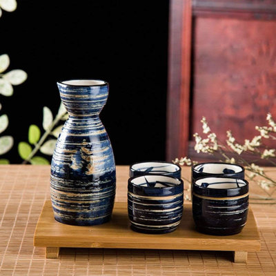 Winston Porter 5-piece Sake Set 1 Tokkuri Bottle & 4 Ochoko Cups, Blue
