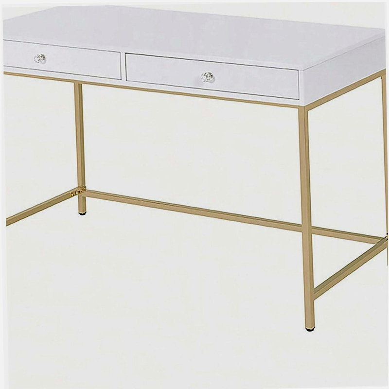 Bureau d'écriture 2 tiroirs blanc brillant et doré