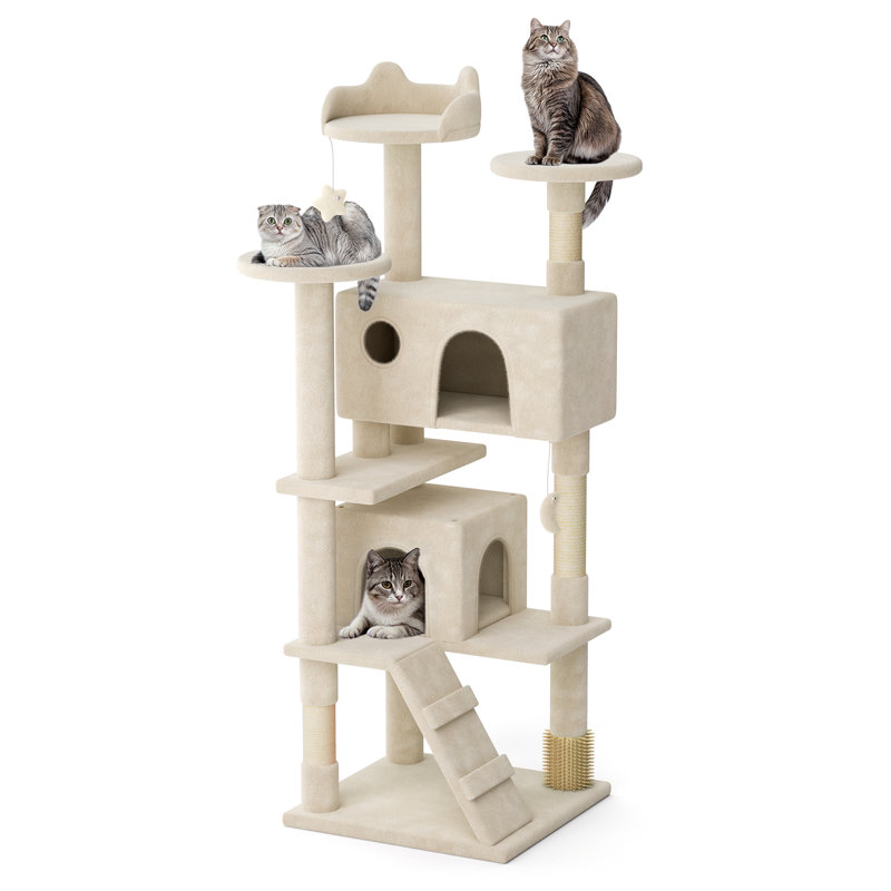 70" Cat Tree Tower With Scratching Posts, Multiple Cat Caves, Top Perch, And Play Features For Indoor Cats, Beige
