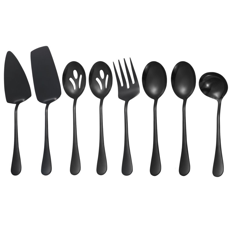 8-Piece Stainless Steel Serving Utensil Set, Dishwasher Safe Tableware For Travel & Hosting, Black