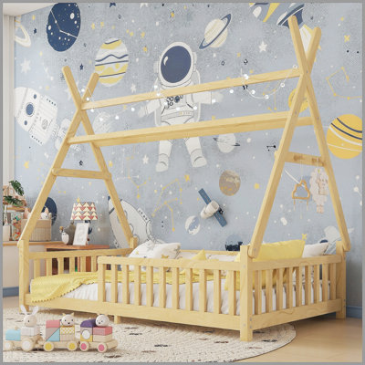 Lit simple simple avec lumière, lit surélevé avec clôture et toit pour enfants, garçons, filles, naturel