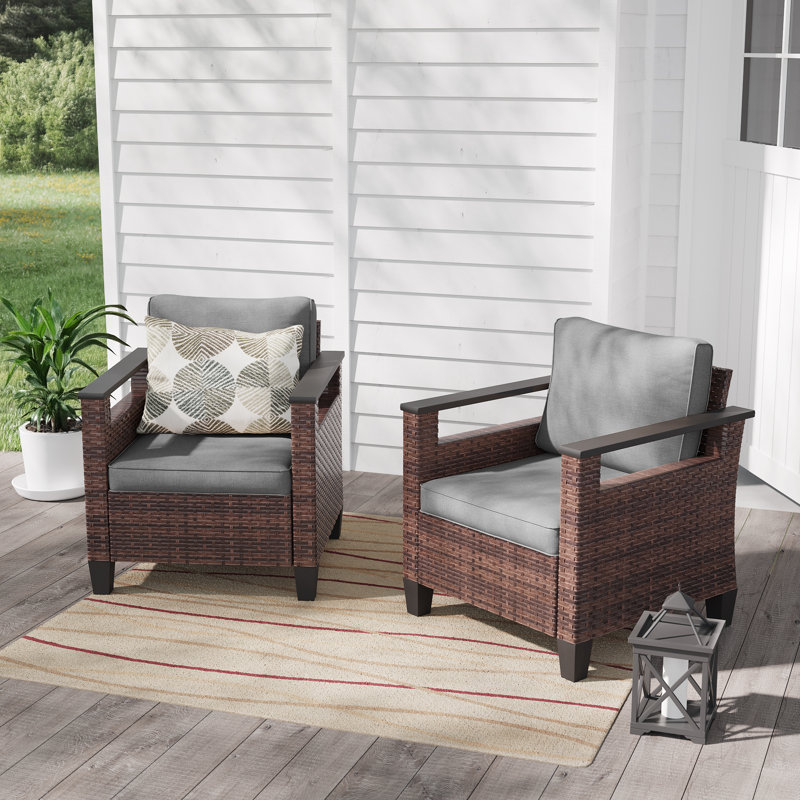 2 Piece Wicker Patio Chairs Set, Brown, Gray