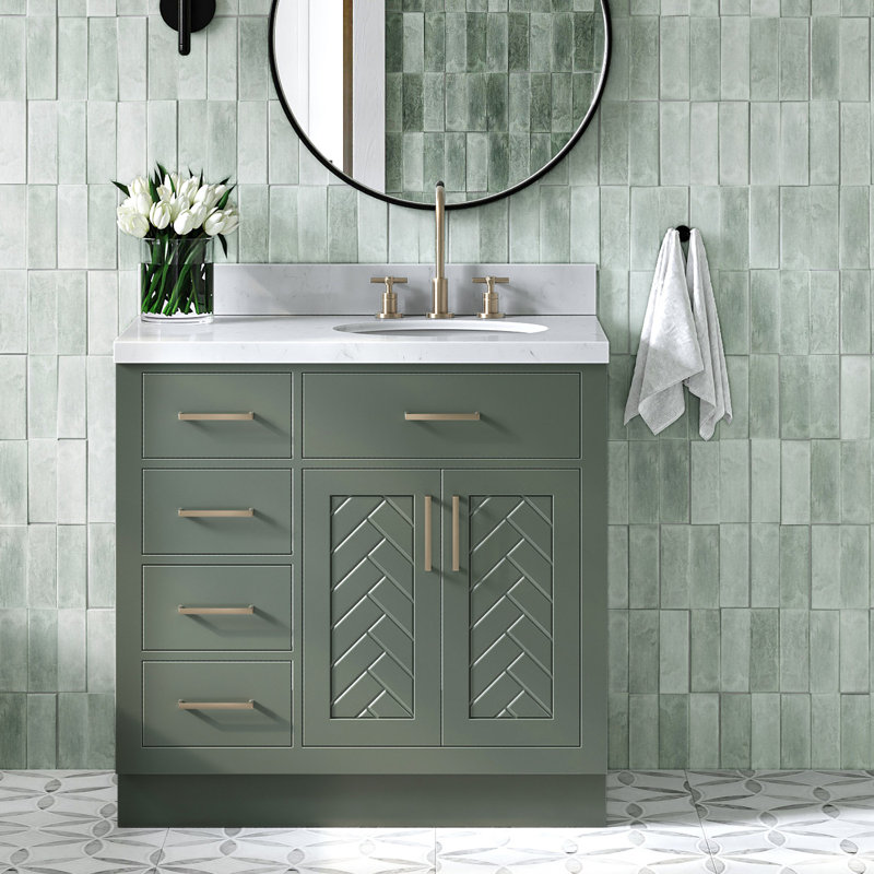 Ensemble de meuble-lavabo simple ovale droit décalé à chevrons 36 pouces avec comptoir en quartz blanc Carrara blanc rétro 1,5 pouces