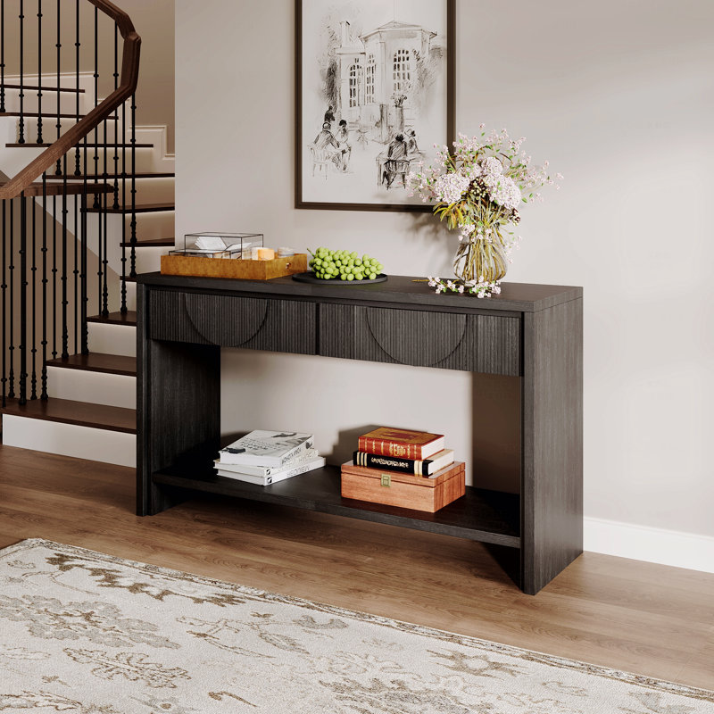 Console de style ferme - Canapé en bois vieilli de 55,12 po de long avec tiroirs de rangement et tablette ouverte