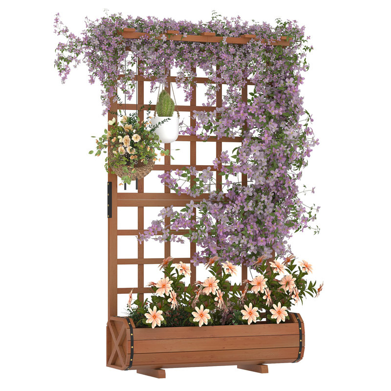 67" Raised Garden Bed with Trellis & Roof, Wooden Planter Box for Climbing Plants Patio Balcony Garden