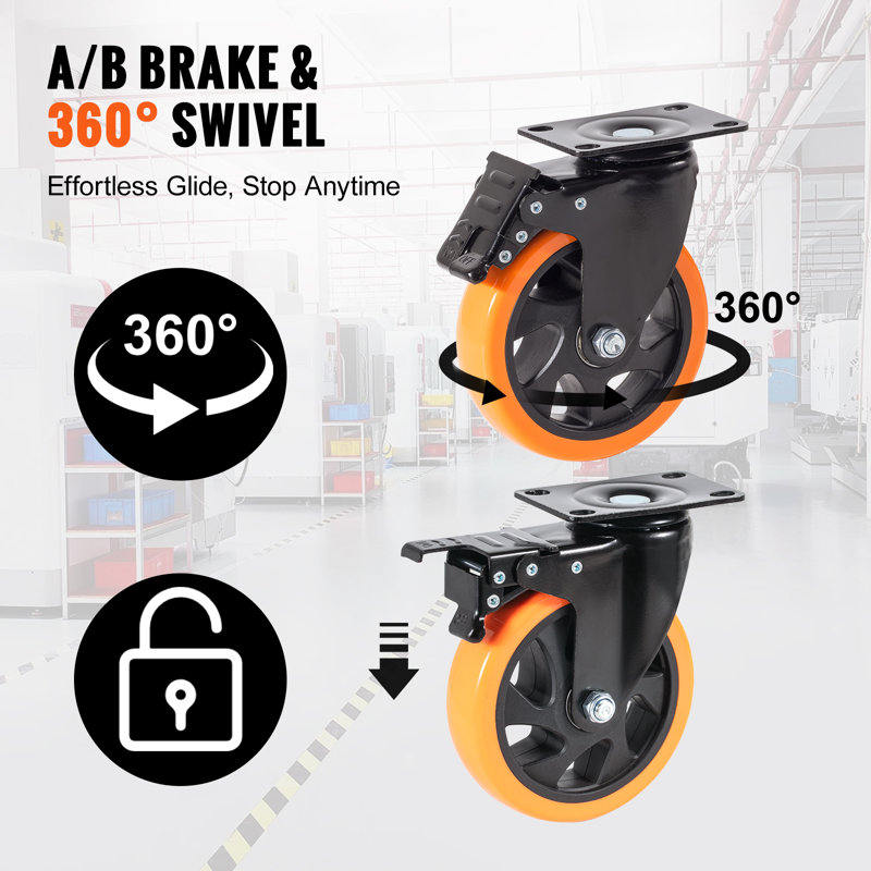 Heavy Duty 5-Inch Orange and Black PVC Swivel Plate Casters Set of 4