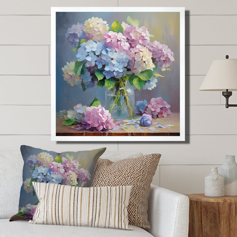 Nature morte vase hortensia bouquet pastel doux I - impressions sur toile hortensia, H 30 po x l 30 po x P 1 po