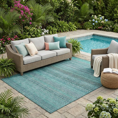 Tapis extérieur lavable antidérapant à rayures turquoise 5 pi x 8 pi