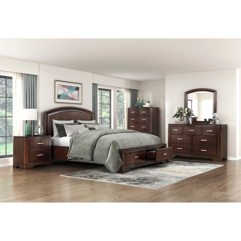 Lit plateforme très grand en cerisier avec pieds et tiroirs avec tête de lit courbée et meubles de chambre à coucher transitionnels en bois 1pc
