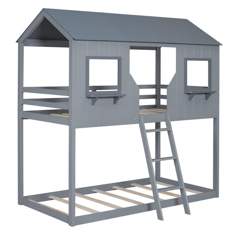 Lit superposé simple au-dessus d'un lit simple en bois avec toit, fenêtre, garde-corps et échelle (blanc) (ancien SKU: LT000045AAK)