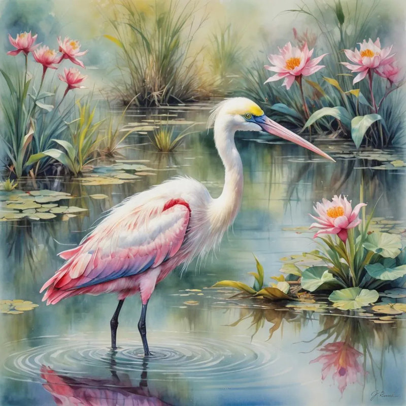 Lotus Grace: toile héron rose parmi les fleurs, 20" H x 20" W