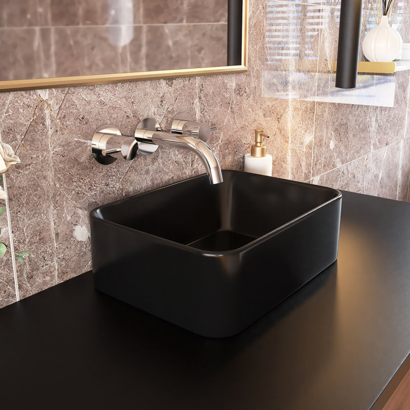 Lavabo de salle de bain vasque rectangulaire en céramique à motif marbré, Noir mat
