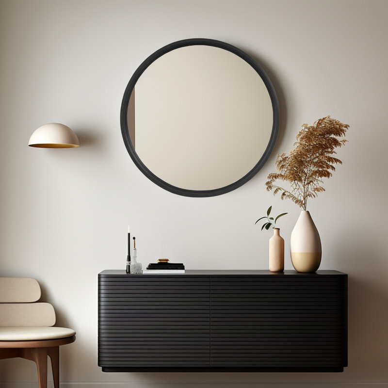 Wood Round Wall Mirror for Bathroom Bedroom Vanity Home Decoration, Black, 28" x 28"