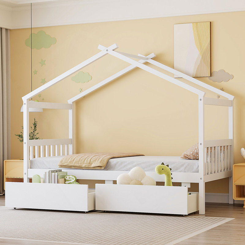 Lit en bois avec tiroirs, Simple, Blanc