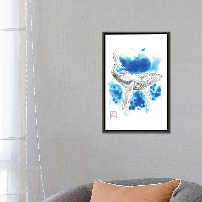 Baleine turquoise - reproduction d'art murale - toile encadrée, 26" x 18", Framed Canvas, Grey