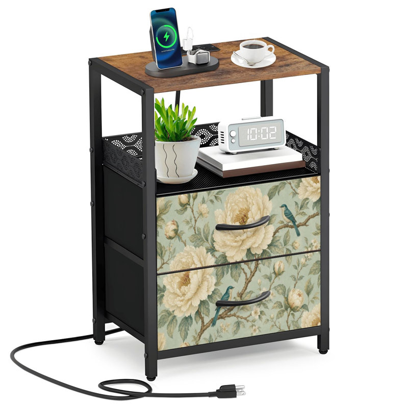 Table de chevet 2 tiroirs en tissu avec station de charge, pivoines, crème, pivoines, feuilles vertes, table de chevet rétro avec ports ouverts et prises USB
