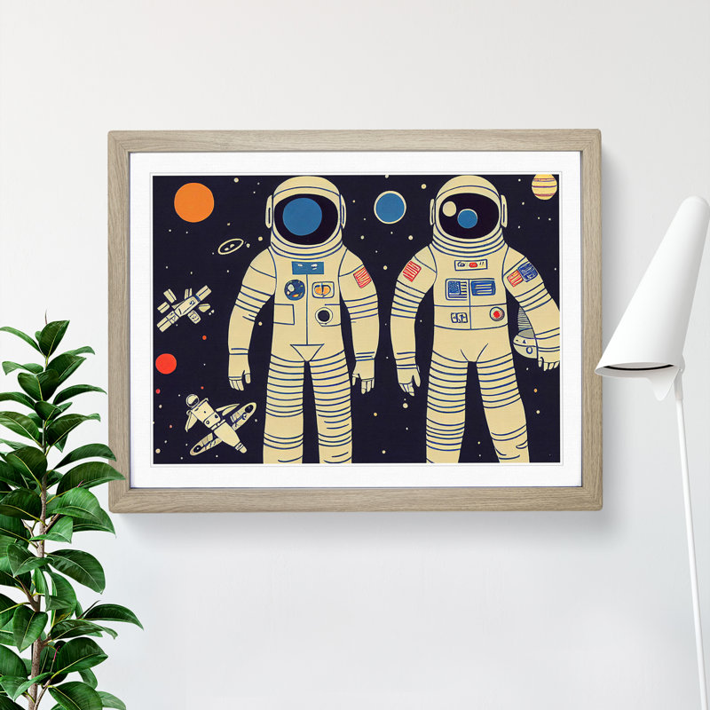 Two Retro Astronauts Vol.4 - Single Picture Frame Print, 46cm H x 64cm W x 2cm D, Oak Framed