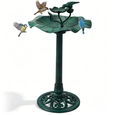Bain d'oiseaux en polyrésine vert foncé avec bordure en forme de lotus et mangeoire intégrée, 50 x 50 x 86 cm (19,7 x 19,7 x 33,9 pouces). Ensemble de bain d'oiseaux et mangeoire pour jardin, terrasse ou patio.