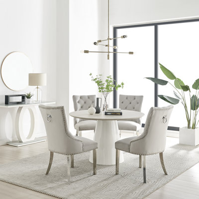 Statement 4 Person Round Dining Table Set in Luxury Beige Stone Effect - Velvet Dining Chairs