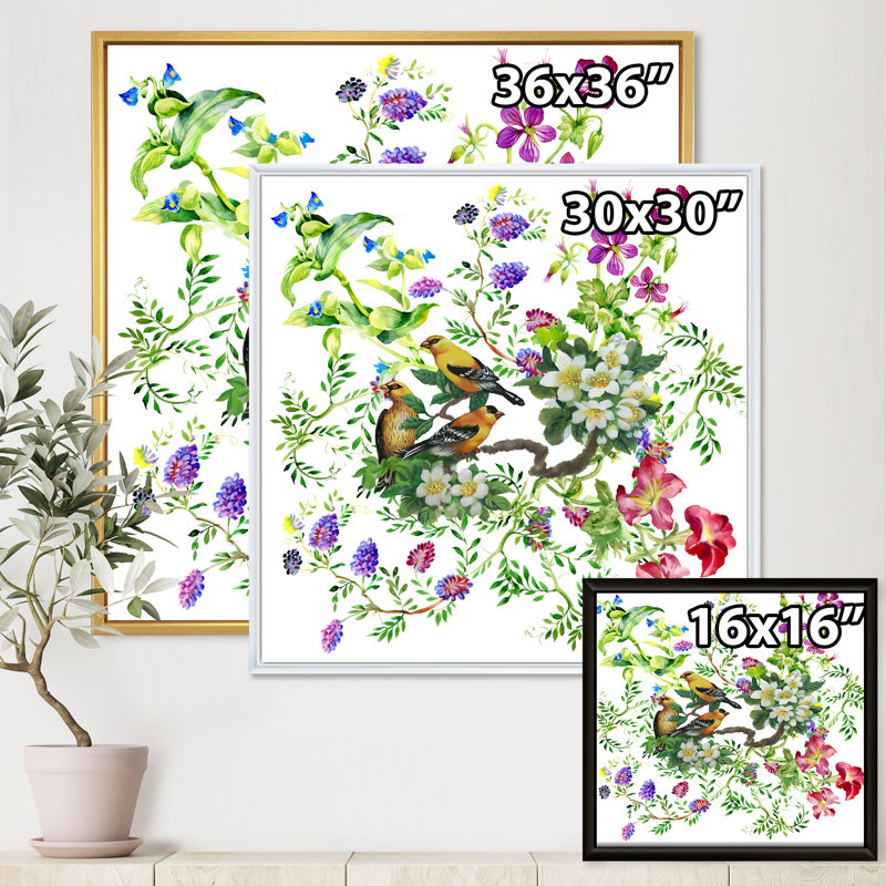 «Tropical Birds with on Blooming Tree», photographie sur toile à cadre flottant, H 16 po x l 16 po x P 1 po, Cadre noir