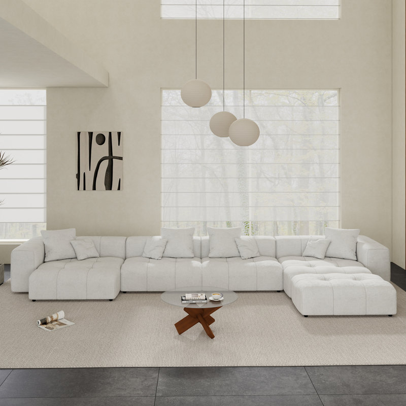 Canapé modulaire rembourré 5 pièces en tissu de lin avec repose-pieds Kay Boneless, Blanc