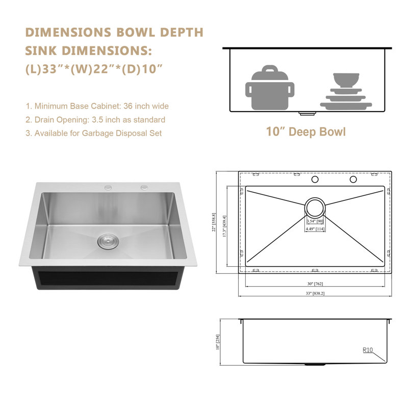 Évier de cuisine encastré en acier inoxydable de 33 po L x 22 po avec robinet de douchette extractible, évier simple avec crépine, distributeur de savon et grille d'évier