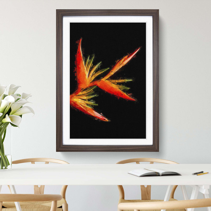 Orange and Red Bird of Paradise in Abstract - Picture Frame Graphic Art Print, 87cm H x 62cm W x 2cm D, Walnut Framed