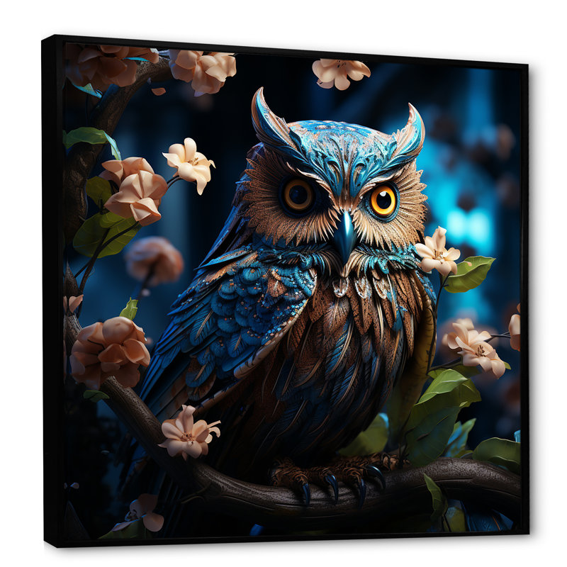 Blue Owls Moonlight Realm III sur toile, Cadre flottant noir, H 16 po x l 16 po x P 1 po