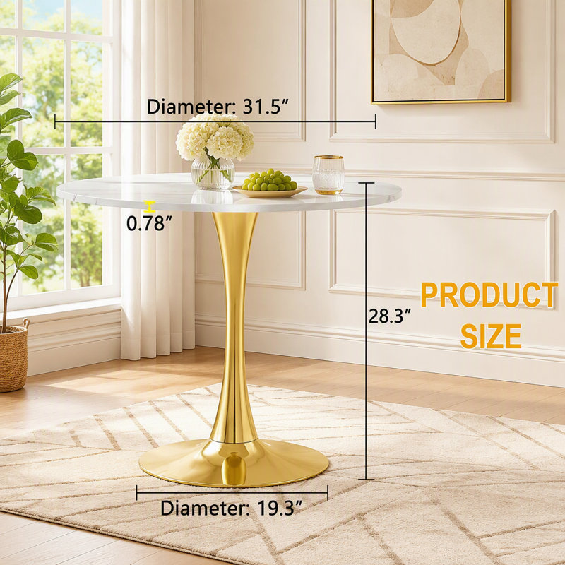 Table tulipe ronde 31,5 pouces avec finition blanche, Or + blanc