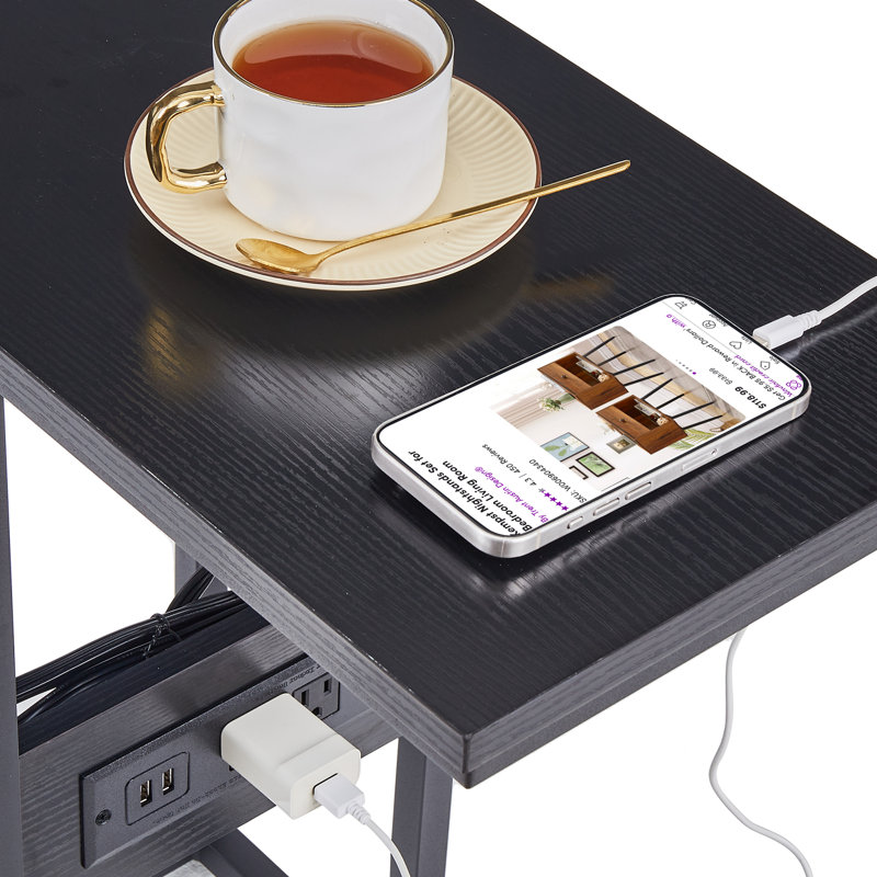 C End Table With USB And Built-In Outlets, Black Top/Black Base