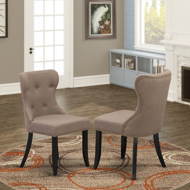 Sion Parson Dining Room Chairs - Button Tufted Nailhead Trim Coffee Linen Fabric Padded Chairs, Set of 2, Wire brushed Black