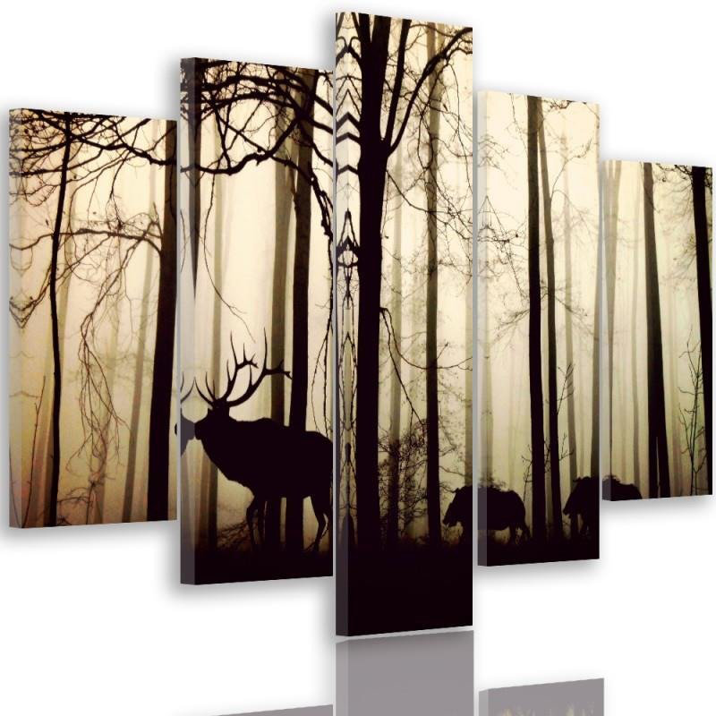 Deer, Forest, Animal, Nature - 5 Piece No Frame Print on Canvas, 70cm H x 100cm W